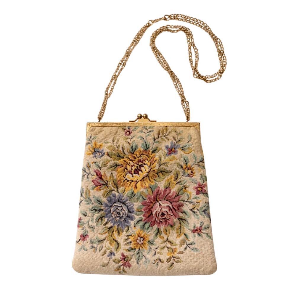 Walborg Vintage West Germany Floral Tapestry Bag Gold Chain Strap